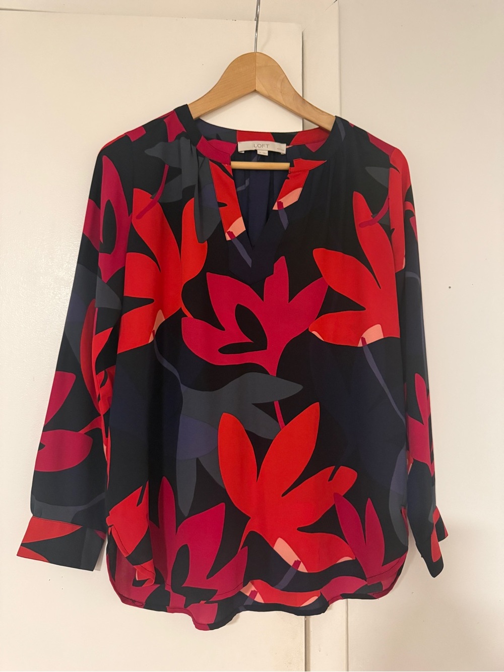 LOFT Navy Floral Split-Neck Blouse with Red & Pink Leaves